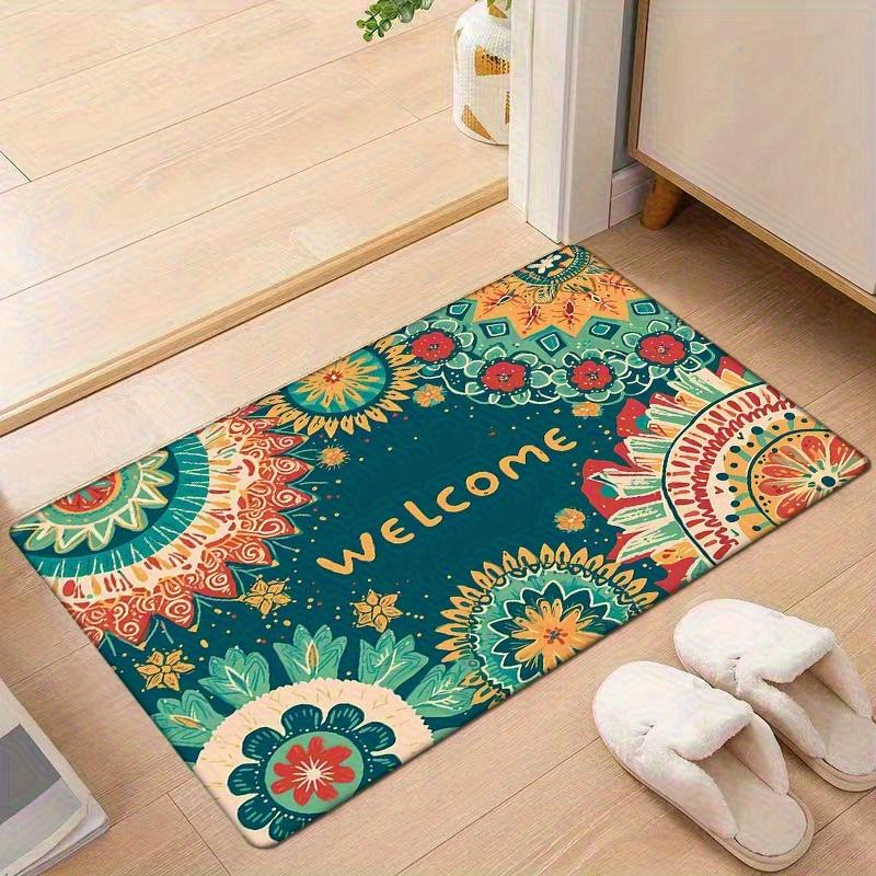 1pc Vibrant Welcome Floral Print Area Mat - Machine Washable, Absorbent Polyester Mat with "WELCOME" Design for Entryway, Kitche