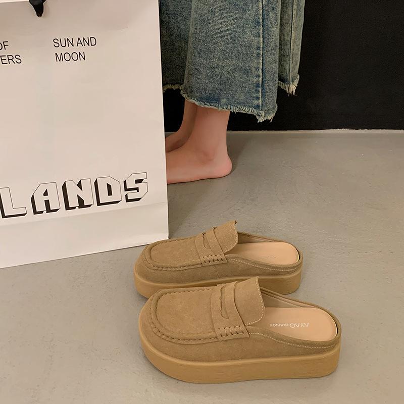 

Thick-soled heightening slippers for women to wear new comfortable lazy one-pedal retro versatile bag head drag 40 хаки