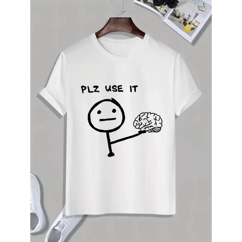 PLZ USE IT Brain Cartoon Printed Men's Fun Short Sleeve Crew Neck T-Shirt Graphic Cotton T-Shirt Casual Summer Pajamas Top