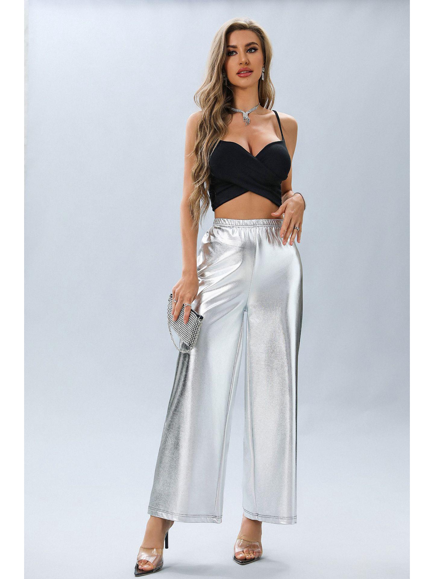 

2024 Новые европейские и американские женские повседневные брюки с высокой талией, серебристые, с широкими штанинами XXL серебряный