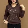 Autumn/Winter Women's V-Neck Sweater Beaded Loose-Fit Solid Color Pullover Knit Top