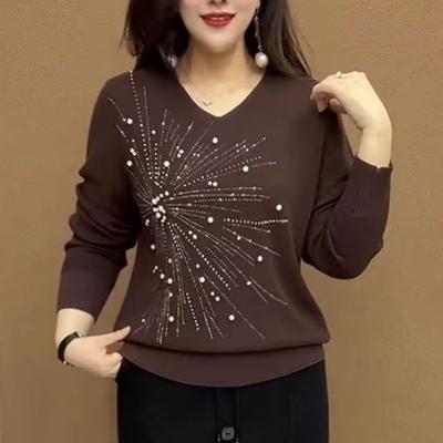 Autumn/Winter Women's V-Neck Sweater Beaded Loose-Fit Solid Color Pullover Knit Top