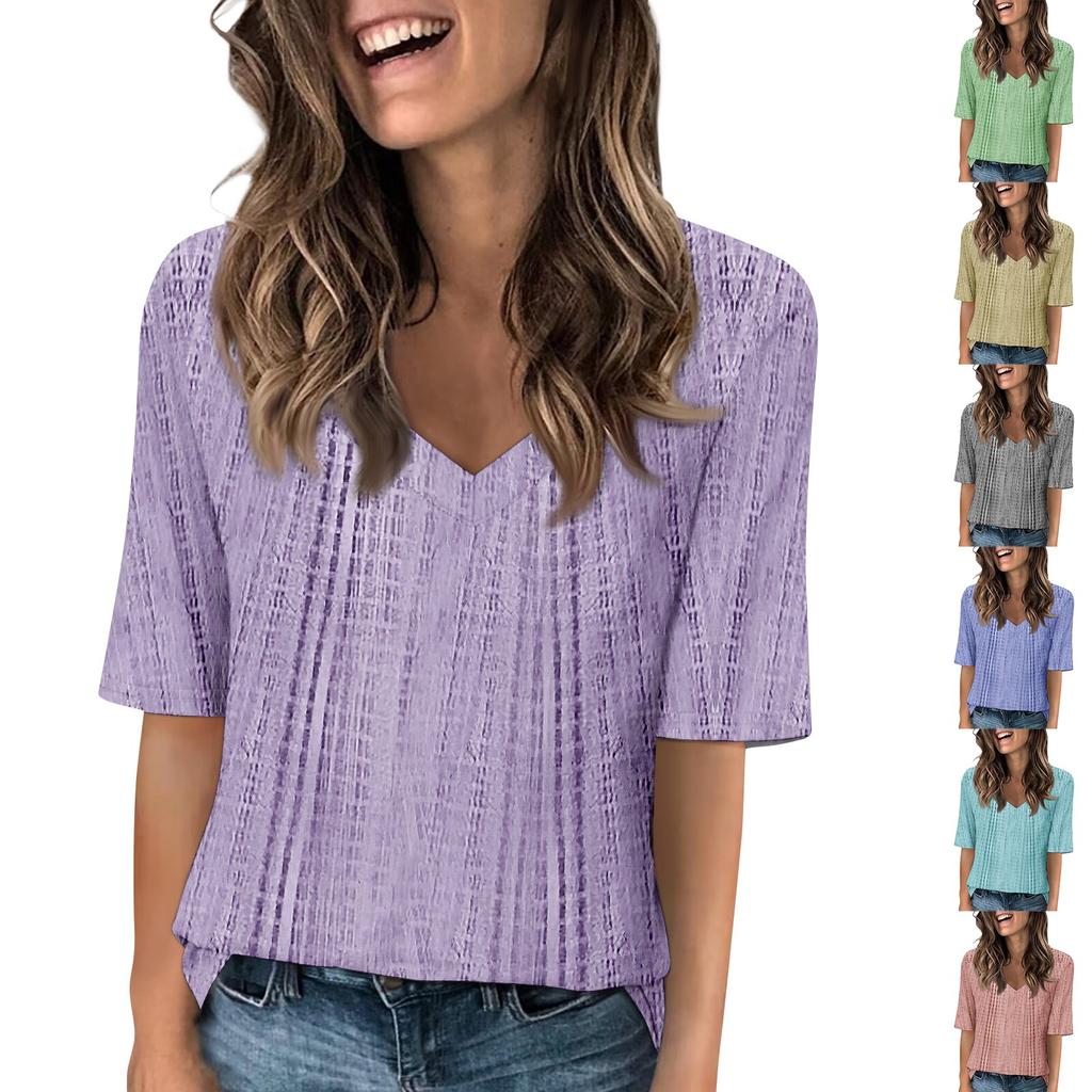 T-skjorter med V-hals for kvinner Halve ermer topper trykt Uformelle sommer T-skjorter T-skjorte bluse