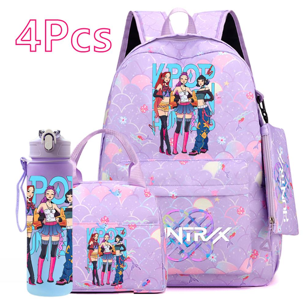 Set da 4 pezzi/set Zaino stampato KPOP cartone animato con borsa a mano astuccio borraccia da 750 ml per adolescente ragazzo ragazza zaino di grande capacità borsa da scuola zaino