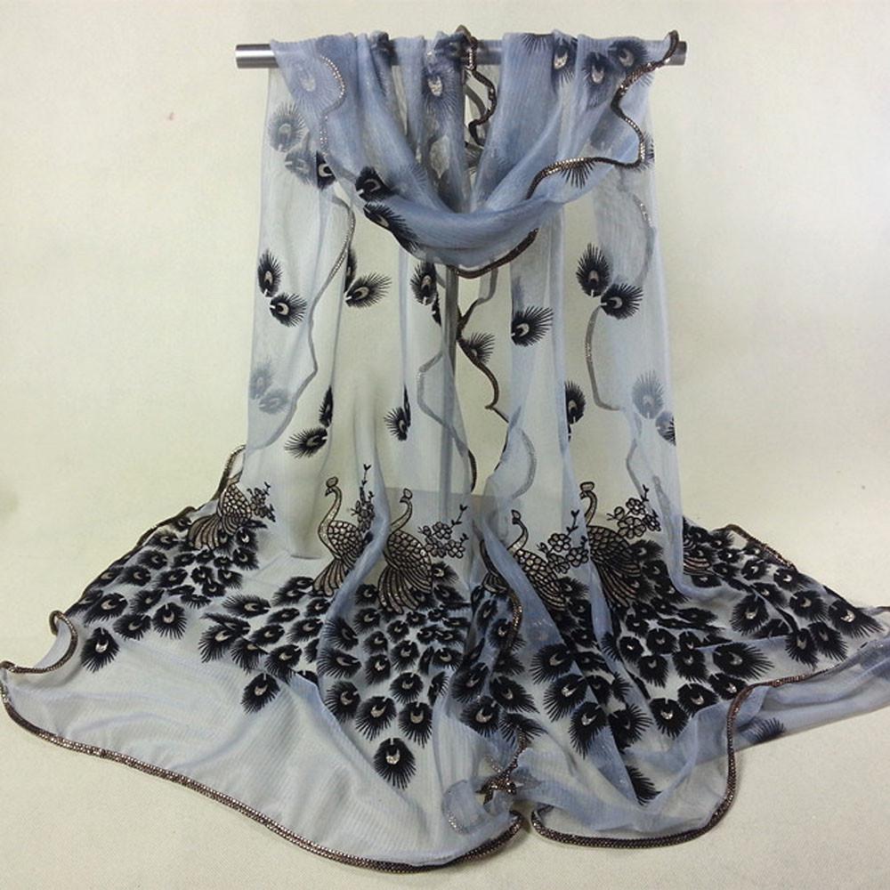 

Женский кружевной шарф с вышивкой павлина, длинный мягкий платок I