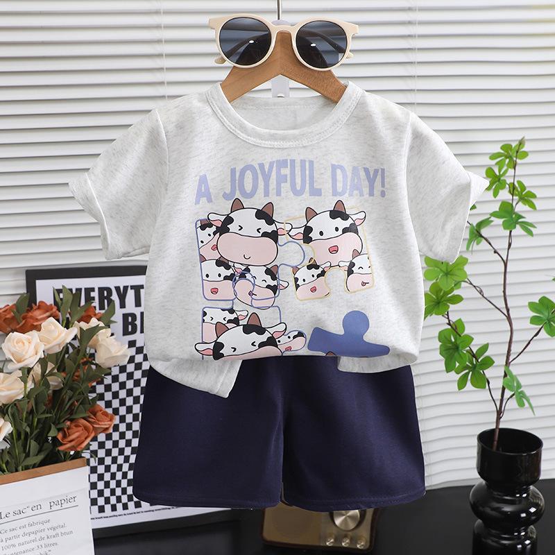 

Children s short sleeved set with stripes for girls and boys, summer baby clothes, Korean version children s clothing 80cm синій