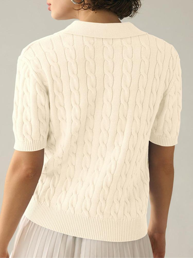 Women's polo collar short sleeved knitted sweater, women's casual solid color twisted flower knitted sweater