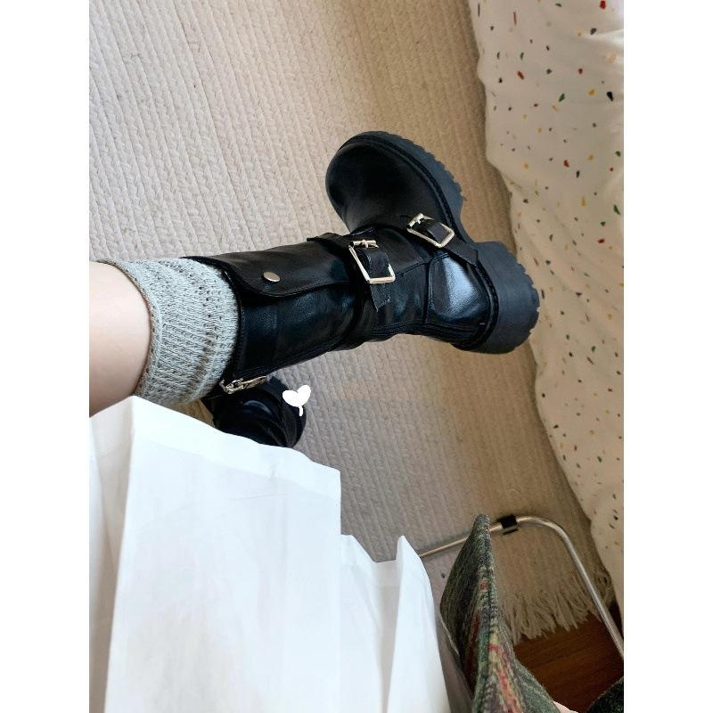 Platform British Style Boots Women's 2025 Autumn and Winter New Belt Buckle Mid Boots Rear Zipper Martin Boots Long Boots