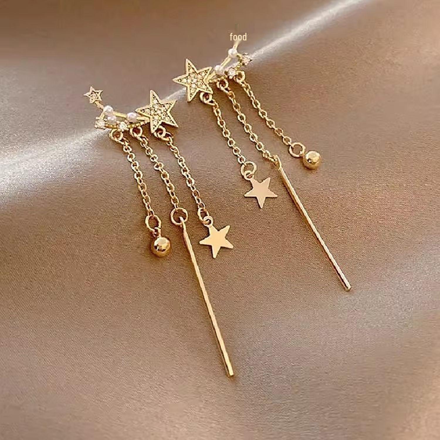 Korean Asymmetrical Star & Pearl Tassel Earrings: Elegant Niche Design