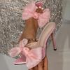 Women's Pink Bowknot Stiletto Mules Pointed Toe High Heel Slide Sandals Ladies Party Footwear Comfortable Female Sandals Size 36
