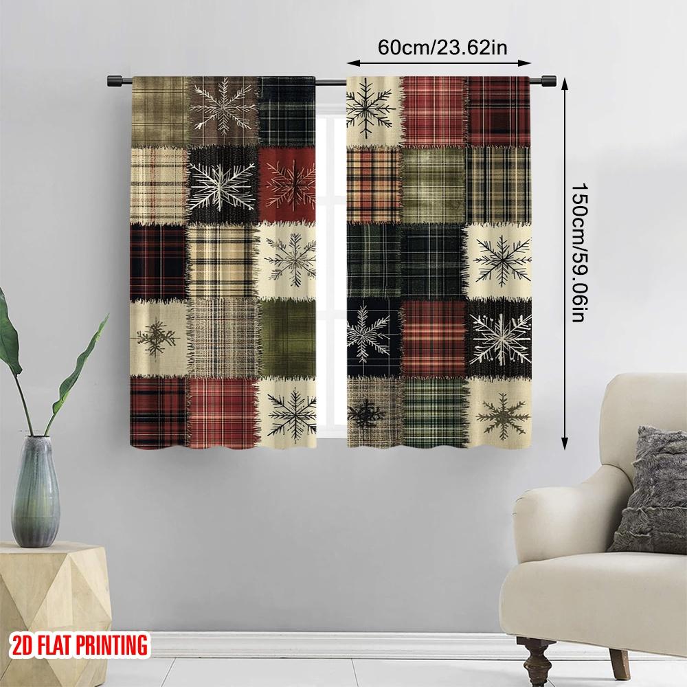 Set Of 2 Flat Printing Curtain Snowflake Plaid Durable Polyester Fabric Without Electricity Festive Backdrops Holiday