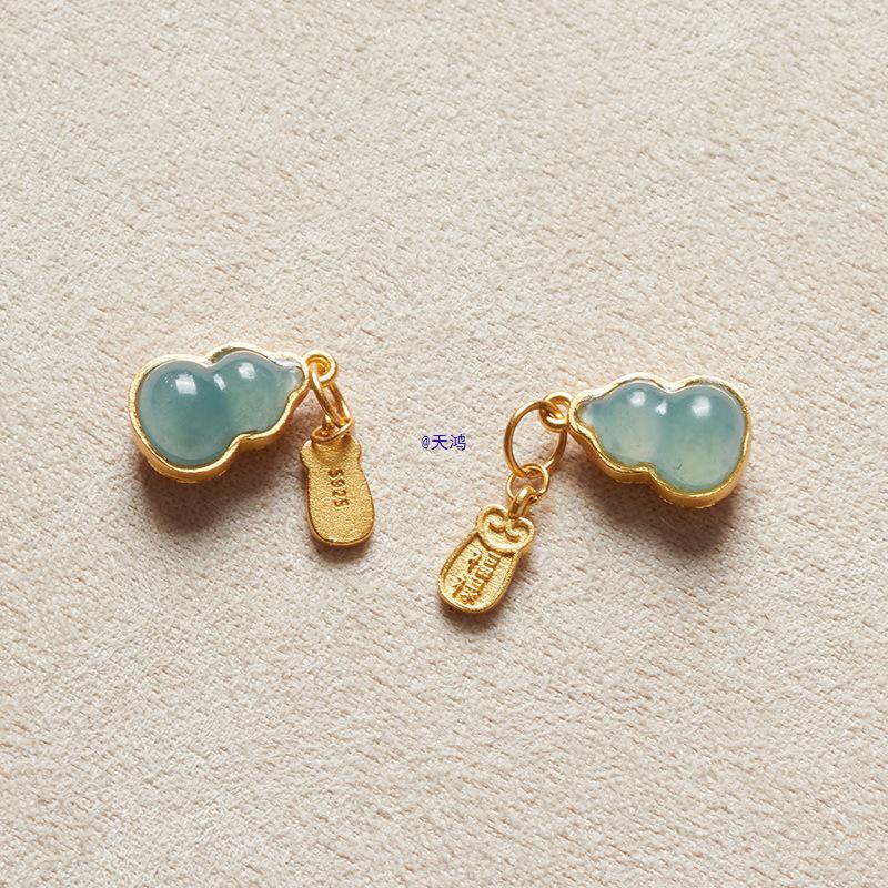 Gold-Plated 925 Silver Blue Jade Gourd Pendant Bracelet Charm
