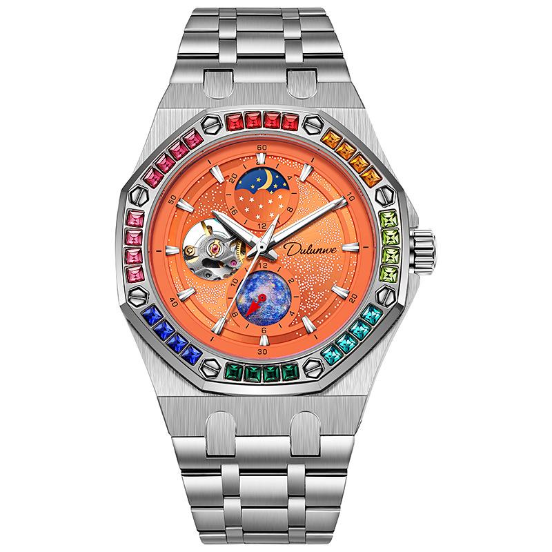 Durenwei Herren Wasserdicht Leuchtend Regenbogensterne Edelstahl Mechanische Uhr