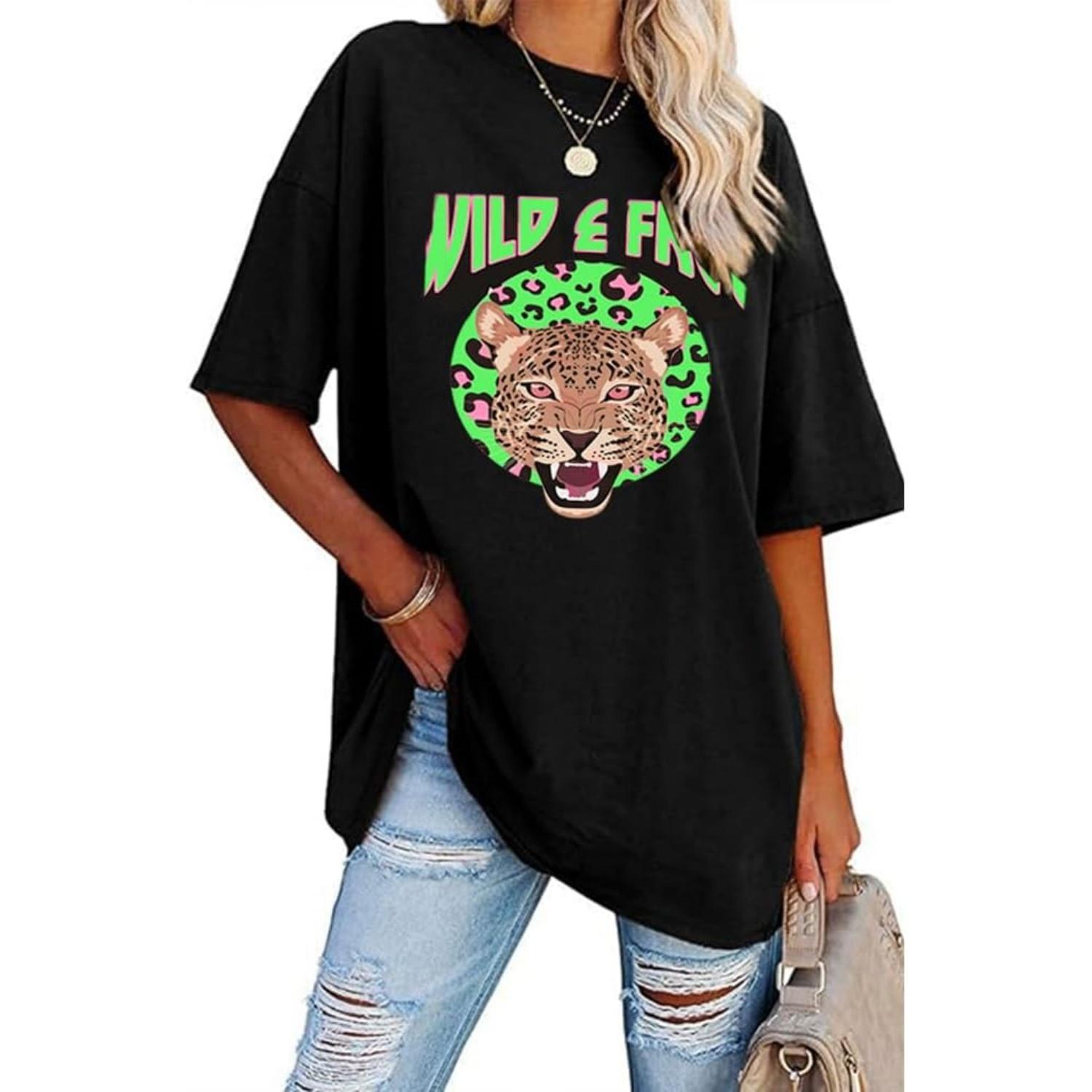 

Aoang Графические футболки Оверсайз Женские Летние С круглым вырезом С коротким рукавом Футболка Блузка Топы S чёрный