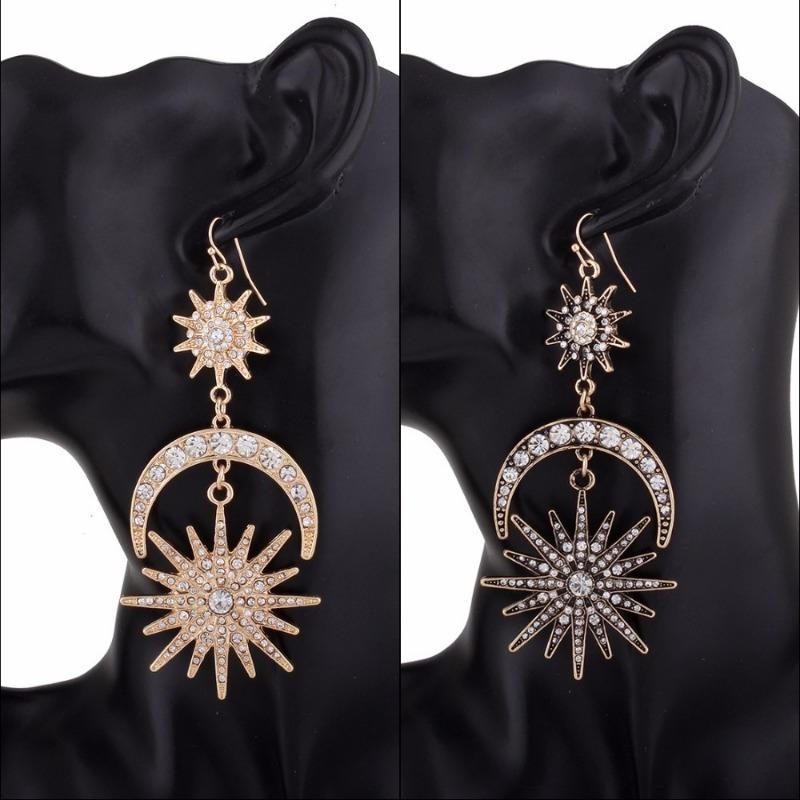 Big Luxury Sun Moon Stars Drop Earrings Rhinestone Punk Earrings for Women Jewelry Boho Vintage Statement Earrings