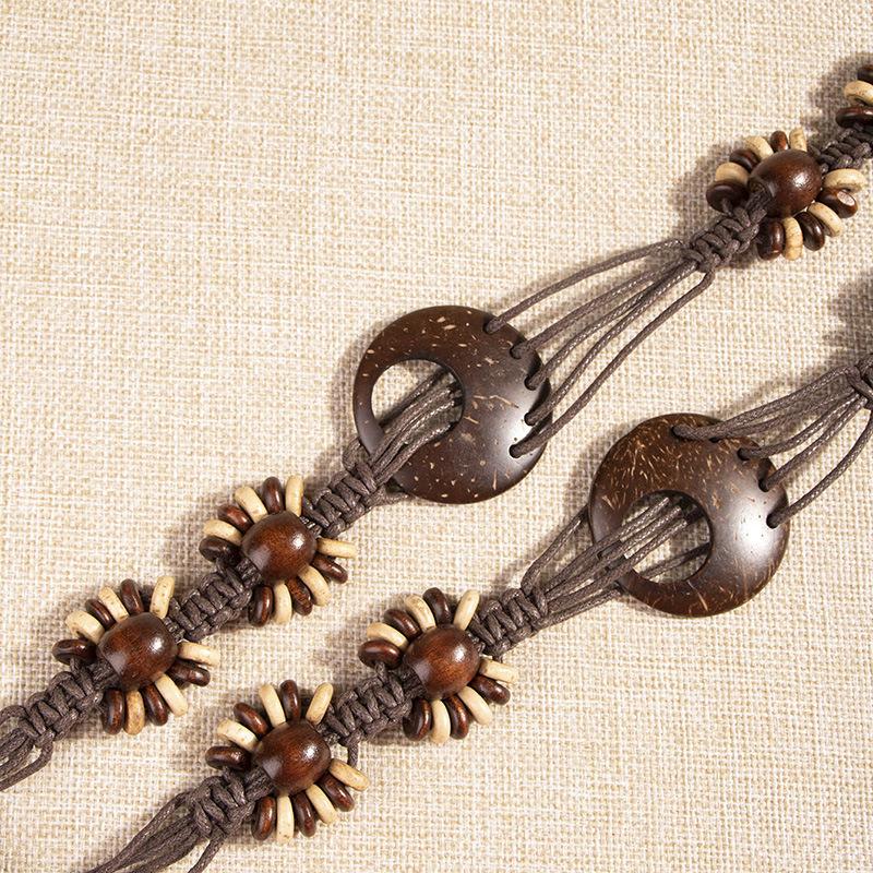 Boho Belt, Coconut Shell, Wood Beads, Hand-woven Natural Vacation Style Wax Rope for Women's Belt, Ethnic Style Waist Rope