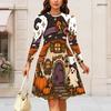 Women Plus Size Round Neck Long Sleeve Swing Dress Cowboy Skeleton Pumpkin Floral Print Halloween Casual Midi Dress