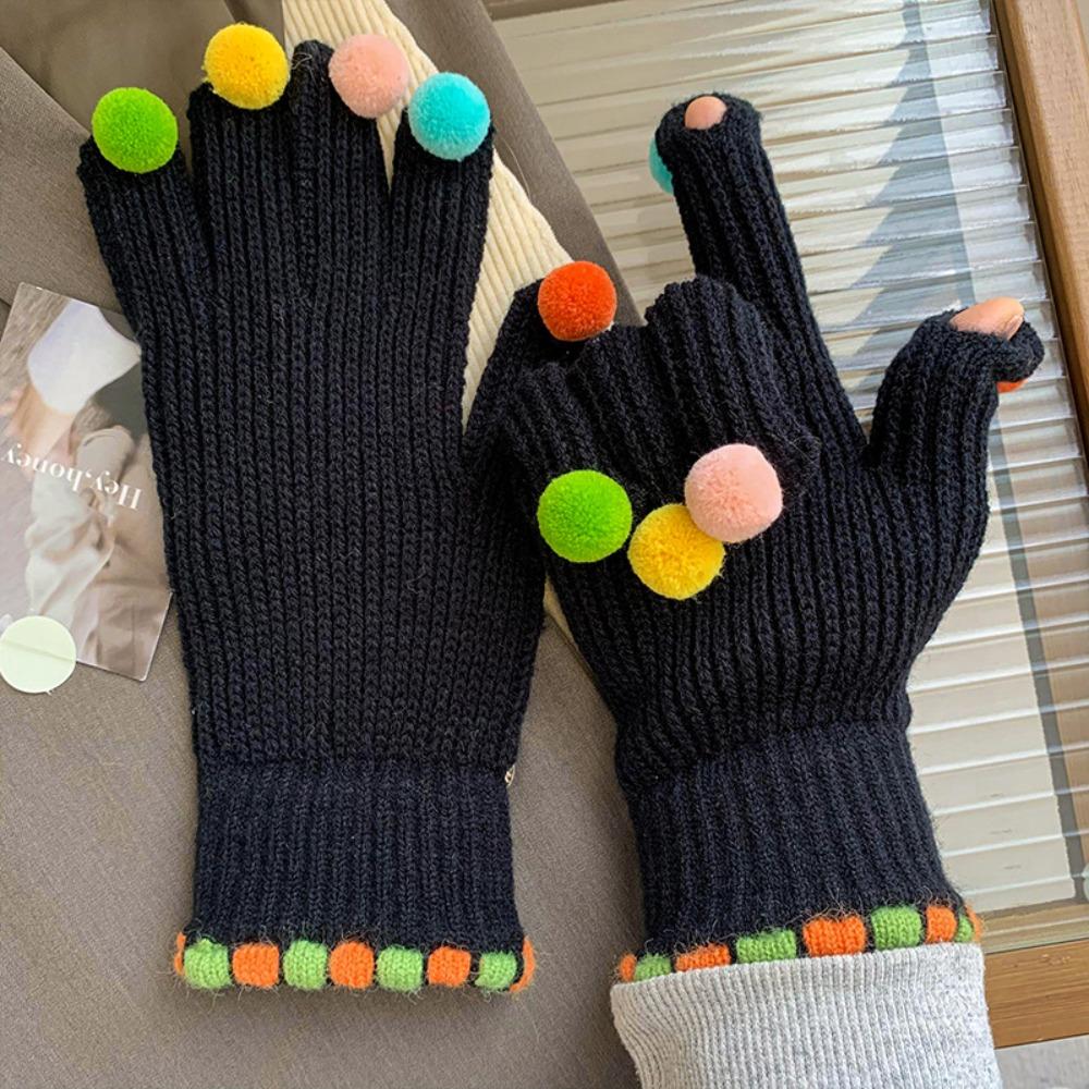 Knitting Gloves Colorful Hairball Cycling Driving Gloves Full Finger Mittens Autumn