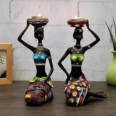 Candle Holder African Womens 8.5 Inch Decorative Table Decoration Dining Room Candle Holder Sculpture Resin Candle Holder Retro