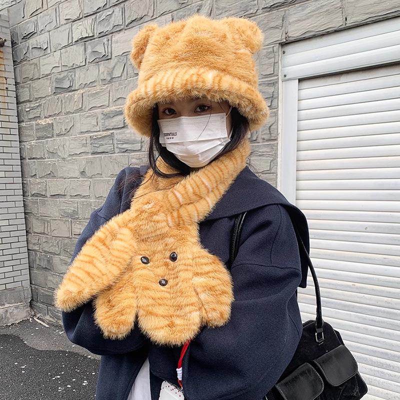 Women's Thickened Warm Scarf & Little Bear Fisherman Hat with Neck Protection, Trendy Cartoon Leopard Print Color Block.