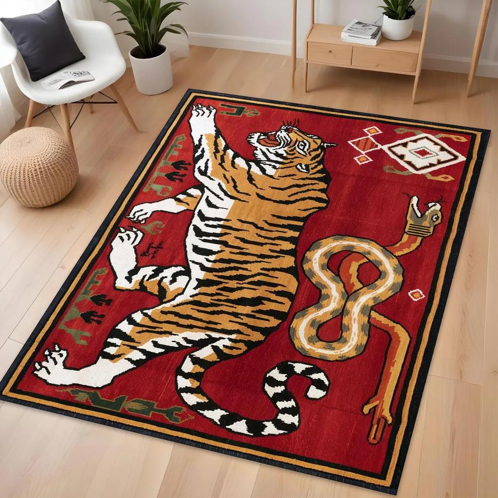 Exotic Tiger Area Rug, Bengal Tiger Aesthetic Decor Carpet, Maximalist Rug for Home Decor Floor Mat, Floral Tiger Rugs