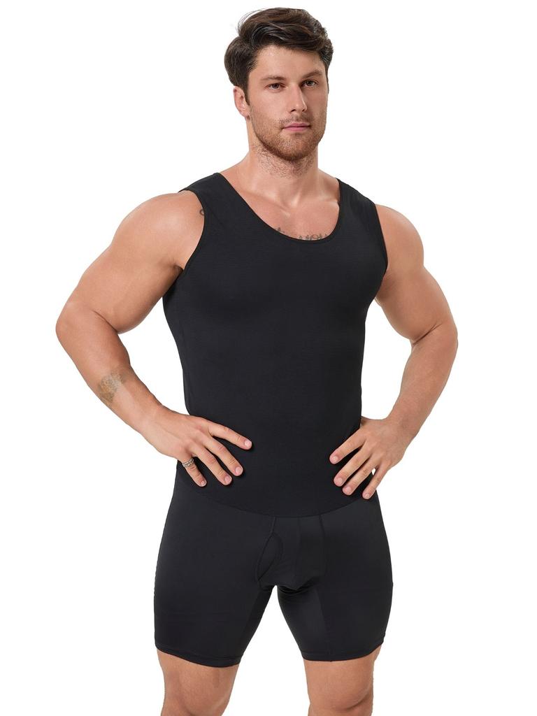 Salopetă de corp completă pentru bărbați, cu deschidere în talie, modelatoare, compresivă, din țesătură tricotată respirabilă Spandex/Nailon și Mărimi Mari