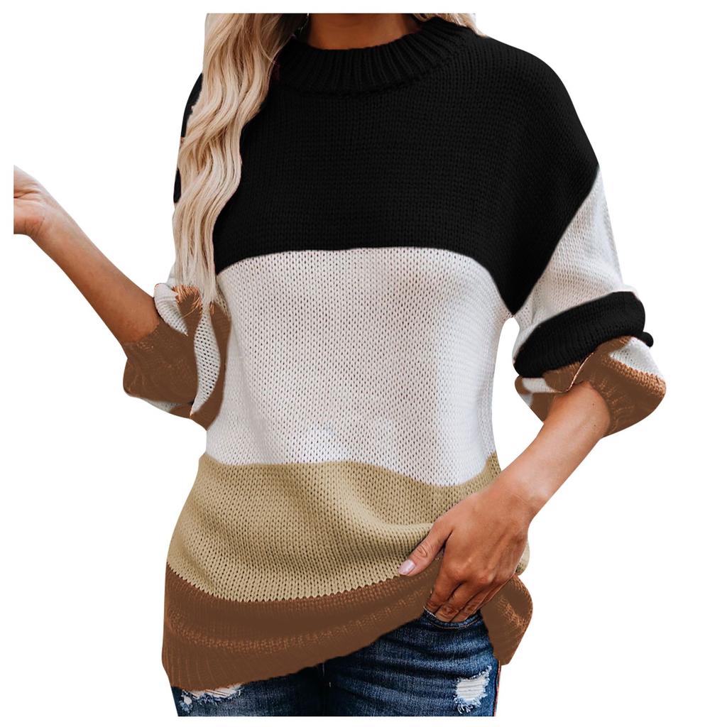 Women's Casual Loose Color Blocking Stripes Large Yards Round Neck Sweater