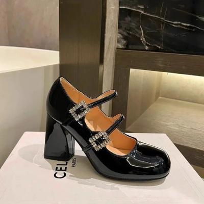 2024 2024 Mary Jane Talons Chunky Femme Bout Carré Haut Tempérament Ligne avec Strass Cuir Verni Chaussures Professionnelles