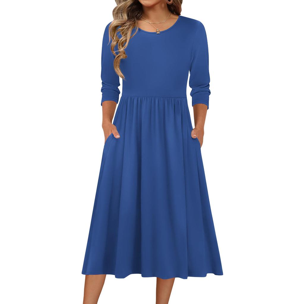 3/4 Sleeve Women's Dress Casual Flowy A,Line Midi Tshirt Dresses With Pockets Crewneck Vocation Boho Beach Sundress