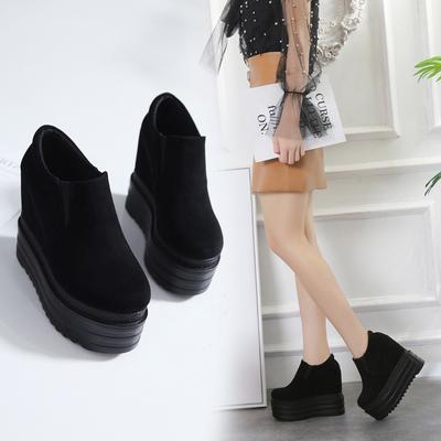 888-30 Slope Heel Ultra-high Heel Short Boots 13CM Waterproof Platform Muffin Thick-soled Suede Round Head Single Boots Inner Height-increasing Women'