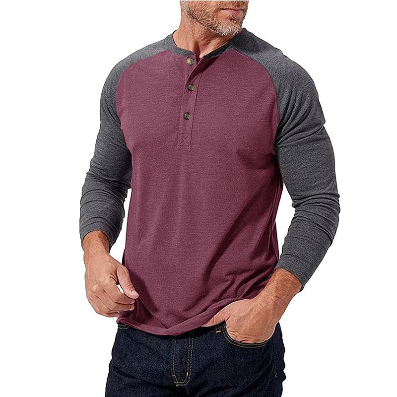 New Autumn and Winter Men's Long-sleeved Color-blocked Henry Shirt Men's Round Neck T-shirt Spliced Contrasting Color Slim Body