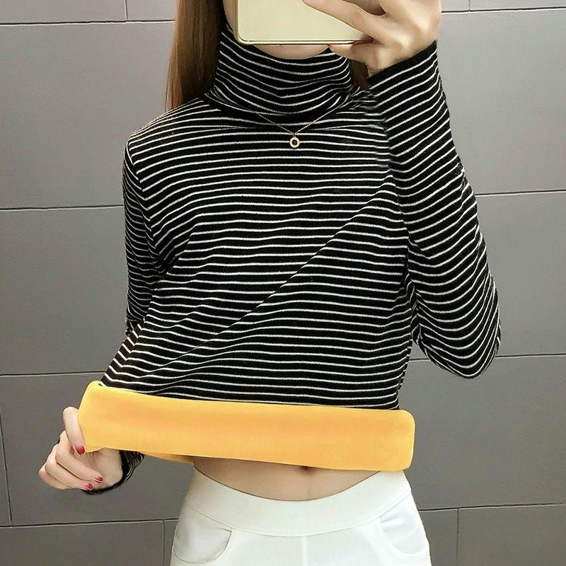 Women's Striped Fleece-Lined High Neck Base Layer Shirt - Long Sleeve Turtleneck Top for Fall/Winter