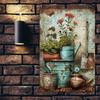 Vintage reusable metal signage with vintage gardening tools and potted plant design suitable for homes and gardens D