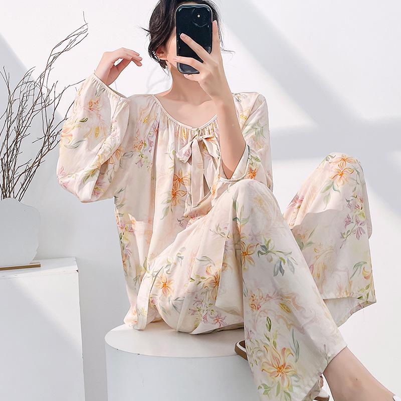 Cotton silk pajamas women's spring summer thin long-sleeved trousers floral round neck cotton pullover breathable loungewear set autumn
