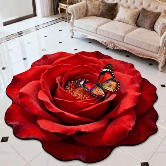 3D Flower Floor Mat Large Flower Shape Living Room Rug Realistic Floral Butterfly Floor Rug with Anti-Slip Bottom for Home Bedroom Dining Room