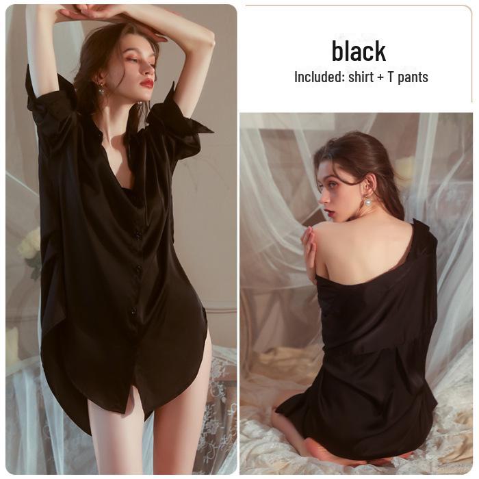 Sexy Pyjama-Set für Damen im Sommer 2024 – Hemdkleid im Boyfriend-Stil mit Spitzenshorts