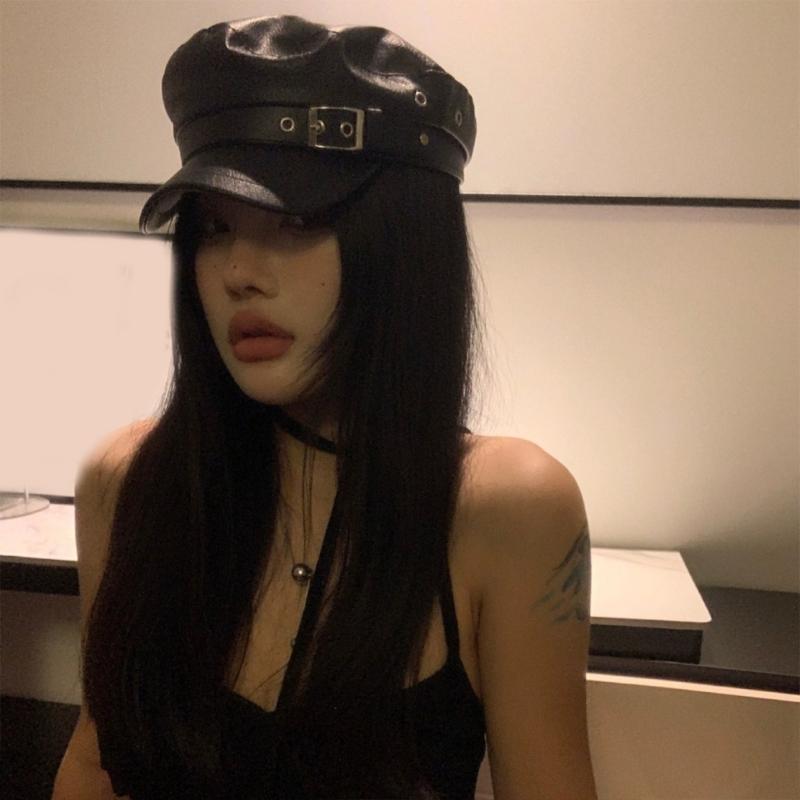 PU Painter Hat Flat Hat British Beret for Dating Photography Cabbie Headwear Painter Hat with Star Grommet Hat