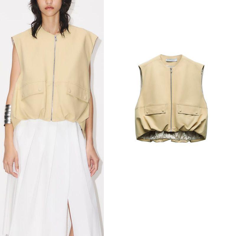 Early Autumn New Women's Clothing Waistcoat round Neck Sleeveless Commute Leisure Ruched Hem Cotton Vest 7864386