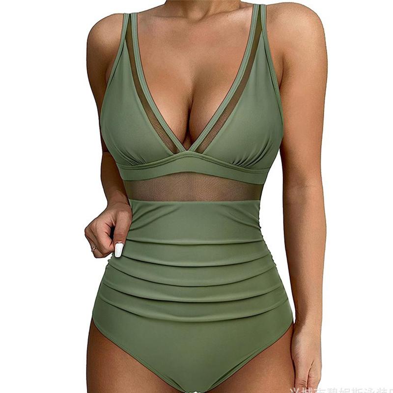 Sexy Mesh Patchwork Einteiler Bademode Frauen Aushöhlen High Cut Damen Badeanzug Bikini