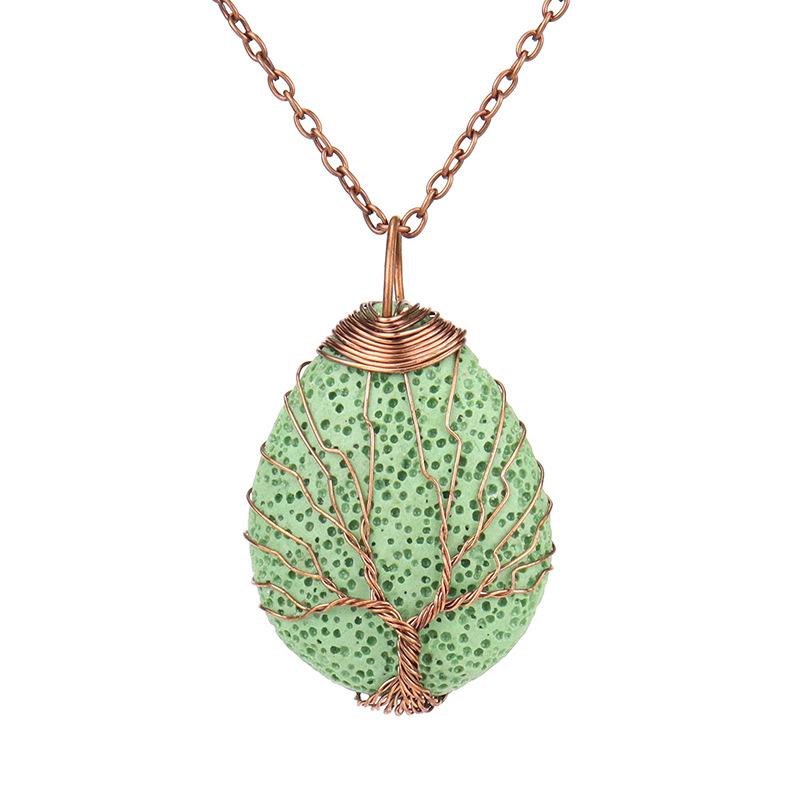 Handmade Copper Wire Winding Multi-Colored Volcanic Stone Water Drop Tree Of Life Pendant Necklace N529