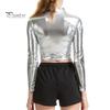 Lady Crop Top Women Club Half-high Collar Glossy Surface Skinny Waist-exposed Solid Color Soft Pullover Breathable Pole Dance Performance Party