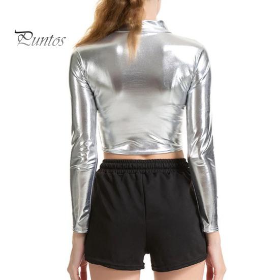 Lady Crop Top Women Club Half-high Collar Glossy Surface Skinny Waist-exposed Solid Color Soft Pullover Breathable Pole Dance Performance Party