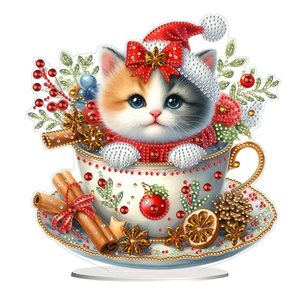Acrylic Special Shape Christmas Cat Table Top Diamond Painting Ornament Kits Diamond Painting Desktop Decors for Adults Beginner