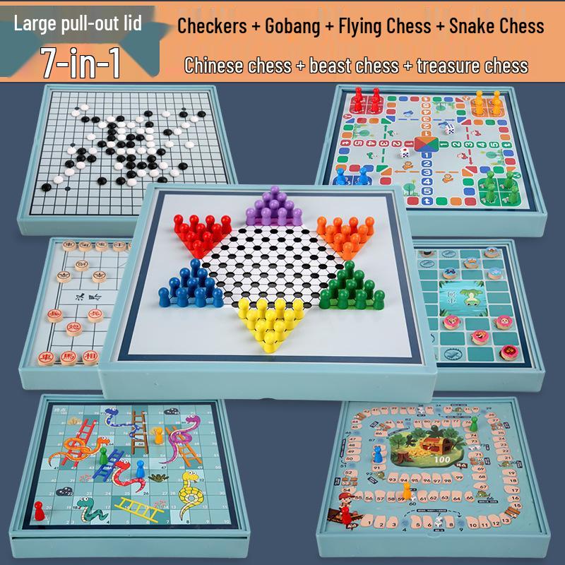 Multifunktionales Holz-Spielbrett: Fliegendes Schach, Dame und Tierkampf für Kinder und Erwachsene