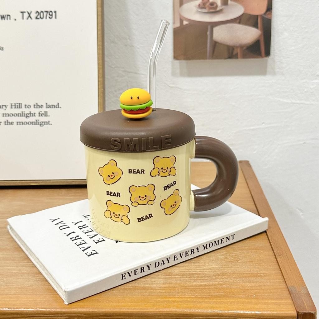 Cute Butter Bear Straw Cup High Value Ceramic Mug with Lid Cute Drinking Water Cup Birthday Gift Practical