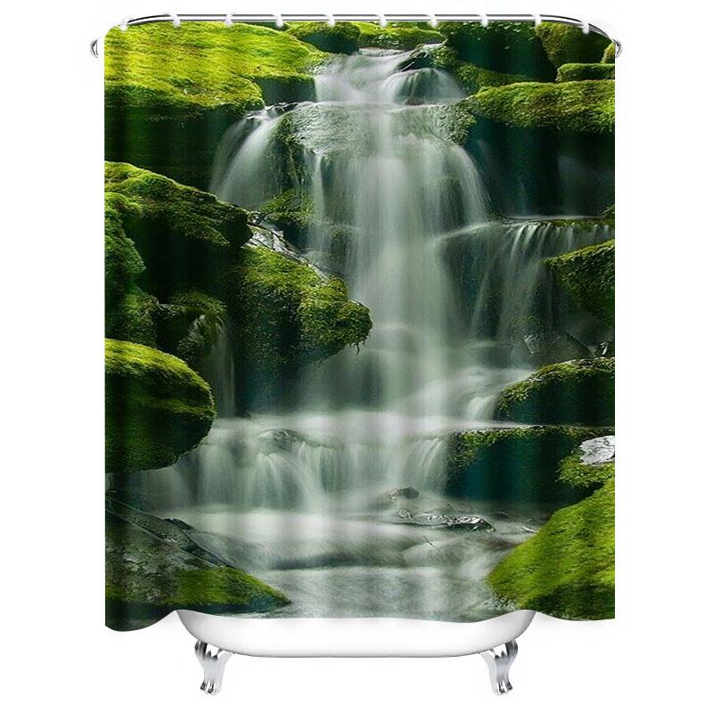 Scenic Waterfall and Mossy Rocks Waterproof Shower Curtain Heat Resistant Machine Washable Non-Transparent 180x180cm