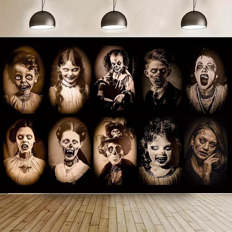 2D Gothic Haunted Portrait Tapestry Creepy Vintage Ghosts Horror Room Wall Hanging 47.2x31.5inch/120*80cm