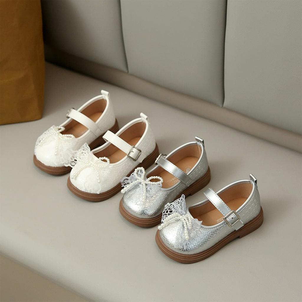 Girls Mary Jane Shoes Princess Style Lace Bowknot Decor Closed Toe Adjustable Strap Dress Shoes for Kids Casual Wear School