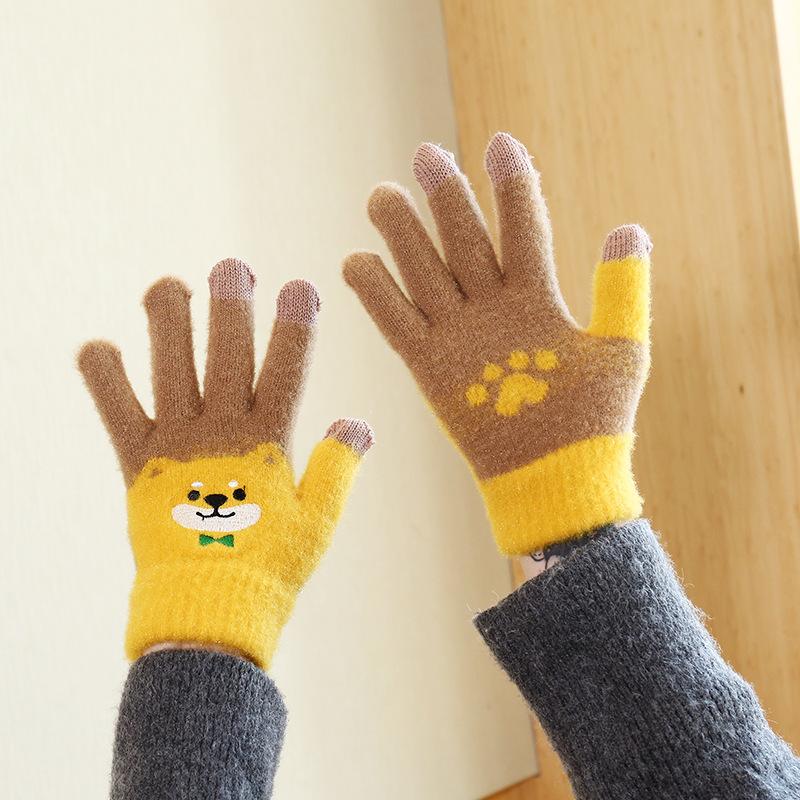 

Перчатки женские зимние студенческие мультяшные осенне-зимние теплые милые плюшевые полнопалые вышивка утолщенные и на велюре