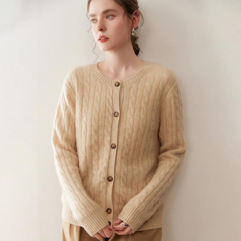 Autumn Winter Cashmere Women's Round Neck Cardigan - Long Sleeve, Loose Fit, Slimming, Cable Knit, Versatile, Skin-Friendly Sweater